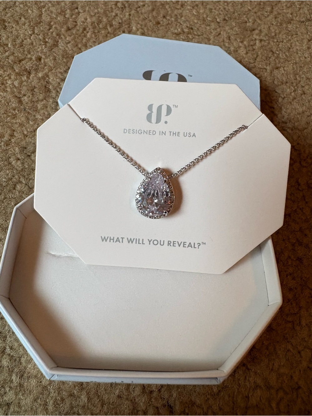 Teardrop Halo Pendant Necklace in Clear White Crystal - Designed in the USA